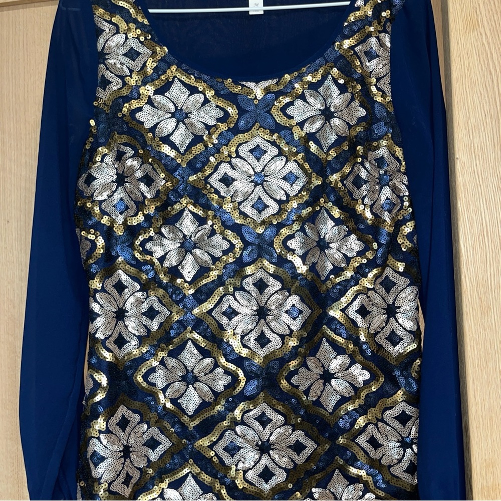 Miami Navy Gold Sequin Button Back Blouse Sz M